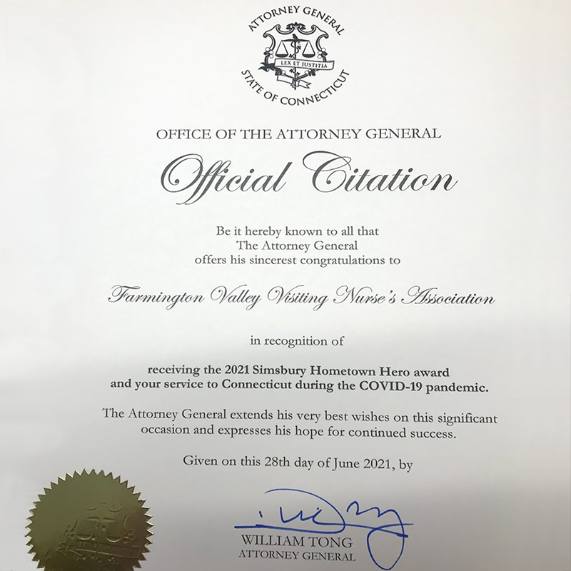 2021 Simsbury Hometown Hero Award Official Citation